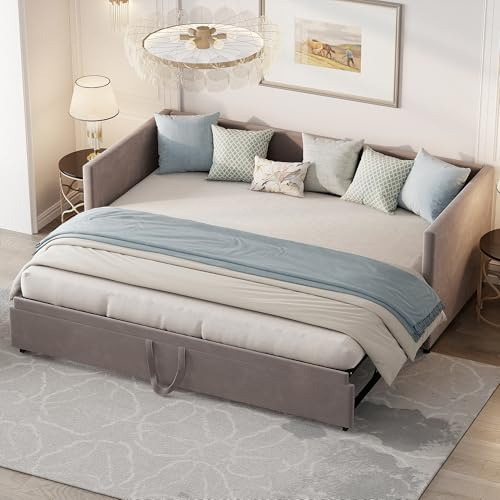 ADFUNIT Schlafsofa Tagesbett Ausziehbar 90/180x200 cm mit Lattenrosten, Samtstoff Sofabett mit Schlaffunktion, Schlafcouch Gästebett Jugendbett, ohne Matratze, Dunkelgrau