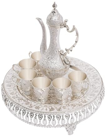 Juego de tetera de estilo turco plateado, 280 ml, juego de teteras de metal, 6 tazas de té con bandeja de té, elegante vintage, juego de decoración para fiesta de té, té de la tarde, restaurante