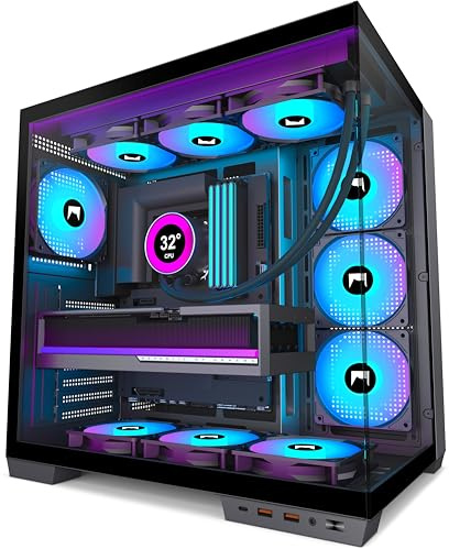 HYXN H1 ATX PC Case-Pre-Installed 7 PWM ARGB Fans, Dual Chamber Mid-Tower Gaming PC Case, with Type-C, Simultaneous Installation of 3x 360mm Radiators, Black (Black, H1)