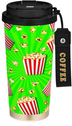 JUMBEAR Taza de viaje aislada al vacío con diseño de palomitas de maíz de dibujos animados, tazas de viaje reutilizables para café, taza de café de acero inoxidable de doble pared a prueba de fugas