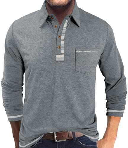 LAOARA Poloshirt Herren Langarm Polo Shirts Tshirt Männer mit Tasche Kragen Brusttasche Langarmshirt Tops M-3XL