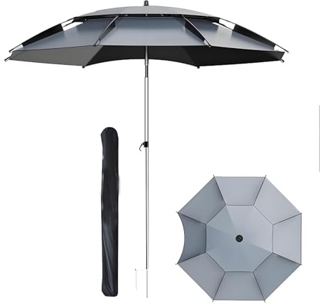 Sombrilla de pesca, sombrilla de jardín con protección UV con inclinación y ventilación, poste de aluminio duradero, sombrilla de playa giratoria de 360° para uso al aire libre, gris, 220CM/7FT