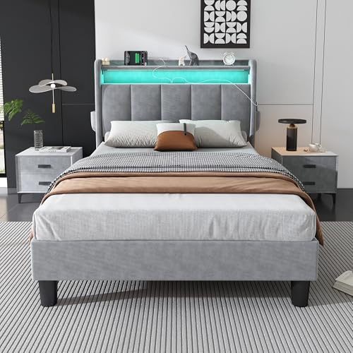 BOSTEU Upholstered Platform Bed, 3FT Single Bed Frame 90x190cm with LED, USB and Storage Headboard, Youth Bed for Adults & Teenagers, Velvet, No Mattress, Grey
