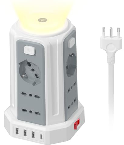 2 M Ciabatta Elettrica Multipresa con Luce 12 Universali ITA e Schuko,4 USB