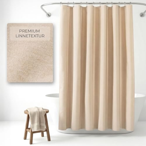 NESTN® Premium duschdraperi i linnetextur 180x200 cm Beige– Antimögel, Tvättbar, Vattentätt Tygduschdraperi med Ringar & Tyngd – Duschdraperi Badkar, Badrumsdraperi, Utomhus | Shower curtain