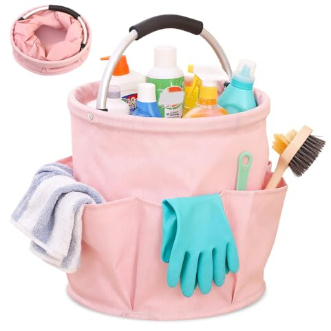 Weciau Cleaning Caddy with Handle, 24L Foldable Cleaning Products Organiser, Bucket Tool Bag, Multipocket Large Cleaning Bag for Home, Kitchen,Bathroom, Outdoor (Pink)