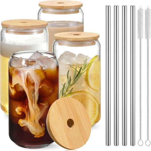 ZUFIO 4Pack Glass Cups with Lids and Glass Straws -16oz/450ml Cute Iced Coffee Glass, Heat & Ice Resistant Transparent Tumbler Cup for Coffee, Smoothie, Soda, Cocktail, Beer, Juice, Garden Party