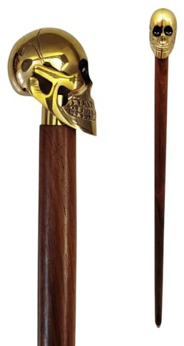 Totenkopf Spazierstock aus Holz mit goldenem Griff aus Metall