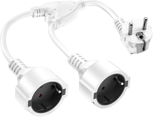 Stromverteiler Y-Kabel, Schuko Stecker auf 2 Schuko Buchsen Steckerdosen,1.5mm²,bis 250V/16A，Mehrfachsteckdose 2 Fach Steckdosenadapter(Weiß, 2 Köpfe)