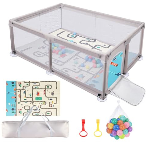 Lindahandel Laufstall Baby 180x200 cm mit Spielmatte,Laufgitter Baby mit Matratze,600D Oxford Faltbar Playpen mit 50 Bunte Bälle–Der sichere Spielpark für Kind |Perfekter Laufgitter