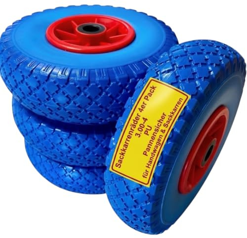 4x Sackkarrenrad Pannensicher VOLLGUMMIREIFEN Ø 260mm, Nabe Ø20×75mm, 3.00-4, für Sackkarren Bollerwagen, Rad Ersatzrad Reifen Räder für Sackkarre Bollerwagenrad Sackkarrenräder, Blau/Rot, PU