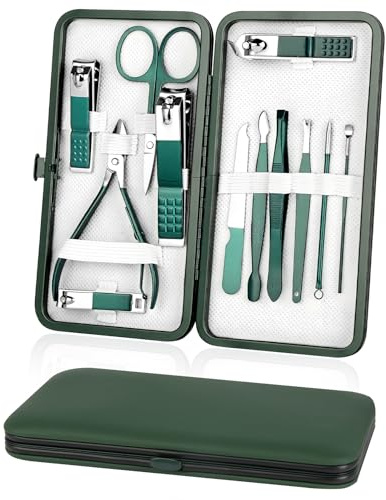 AYBUY Manicura Pedicura Set, 12 Piezas Cortaúñas, Tijeras de Uñas con Herramientas Remover Cutícula, Acero Inoxidable, para Viajes y hogar, con Caja de Cuero, Verde oscuro