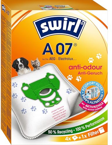 Swirl A 07 EcoPor Anti-Geruch Staubsaugerbeutel (4 Beutel), reißfeste Staubbeutel für einige AEG, Electrolux & Gronbach Staubsauger, mit Geruchsfilter, 99,9 % Filterung von Hausstaub & Feinstaub