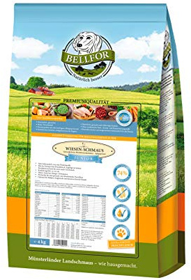 Bellfor Wiesen-Schmaus Junior Valpfoder 4 kg – Spannmålsfritt och Glutenfritt Kallpressat Torrfoder med Kyckling för Valpar av Stora Raser – Hundmat för Valp med Känslig Mage
