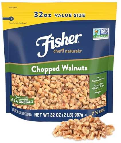Fisher Chef's Naturals Chopped Walnuts 2 Lb, 100% California Unsalted Walnuts for Baking & Cooking, Healthy Snacks for Adults, Resealable Bag, Vegan Protein, Keto Snack, Chopped Nuts, Topping