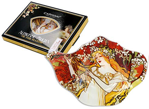 CARMANI - Elegant Glass Tea Bag Holder Dish in Teapot Shape with 'Four Season Spring' by Alphonse Mucha