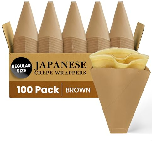 Friteshop Eco Brown Japanese Crepe Wrappers – Disposable Food-Safe Cones for Crepes, Desserts – Heavy Duty Paper Food Containers – Easy-Tear Perforated Front – For Food Trucks & Catering - 100 pack