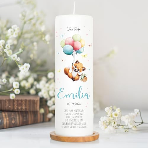 Wandtattoo Loft Taufkerze Junge oder Mädchen Motiv Fuchs mit Luftballon, 25cm x 8cm, personalisierte Kerze, bedruckte Kerze zur Taufe, Stumpenkerze, individuelles Taufgeschenk
