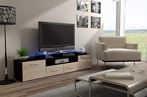 Tv Schrank Evora Mini, Lowboard, Unterschrank, Fernsehentisch, Fernsehenschrank mit 2 Klappen, 2 Schubladen und LED Beluchtung (Schwarz/Creme Hochglanz)