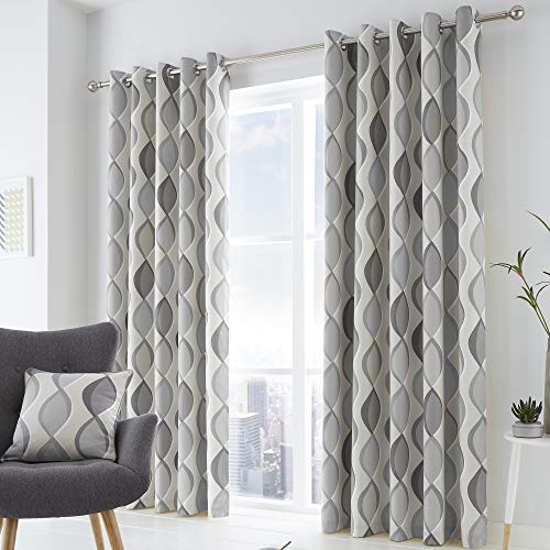 Fusion Lennox 100% Cotton Eyelet Lined Curtains, Grey/Grey, 66 x 72 Inch, w168cm (66) x d183cm (72)