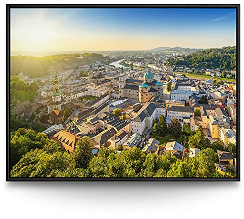 BilderKing Wandbild Blick über Salzburg - 100cm x 75cm Leinwand auf 2cm Keilrahmen mit Schattenfugenrahmen schwarz