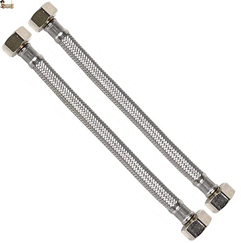 BricoLoco Latiguillo de fontanería flexible de agua para cisterna wc, grifo lavabo o fregadero de cocina o baño. Acero inoxidable. Racores de latón. Hembra – hembra. (2, 3/8-3/8 Largo 10 cms.)