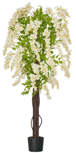 HOMCOM Artificial Plant White Wisteria Tree in Nursery Pot 160cm White