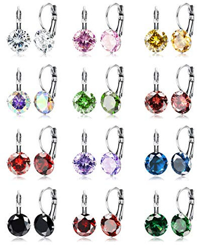 Kakonia 12 Paar Leverback-Ohrhänger-Set für Damen, vergoldet, CZ-Edelstahl-Ohrringe, 10 mm, mehrfarbig, Zirkonia, Tropfen-Ohrringe, Silber