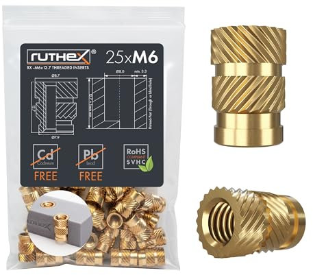 ruthex Gewindeeinsatz M6 – 25 Stk. RX-M6x12.7 BLEIFREIE Gewindebuchse aus Messing – stabile Einschmelzgewinde/Einpressmutter – Einschmelzen von Gewindehülse in 3D-Druckteile aus Kunststoff