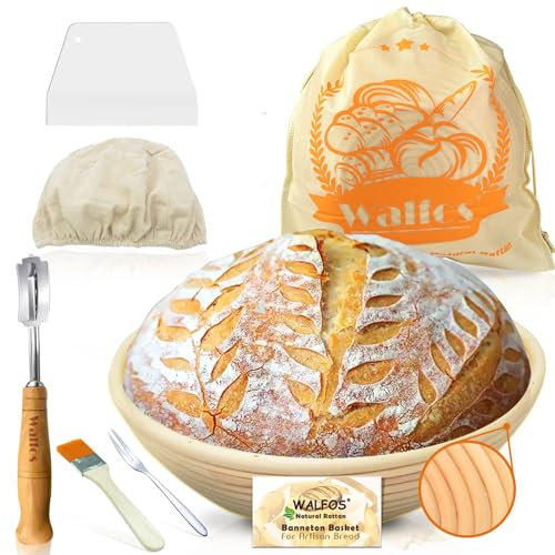 Banneton Sourdough Basket Set -Sourdough Starter kit, Natural Rattan - 25cm(10in) Bread Proofing Basket, Bread Lame, Dough Scraper, Cloth Liner, Storage Bag, Cleaning Brush & Bread Fork
