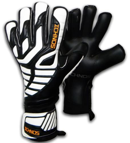 ICHNOS Guanti da portiere calcio con barrette palmo esteso bianco nero Taglia adulto (8)