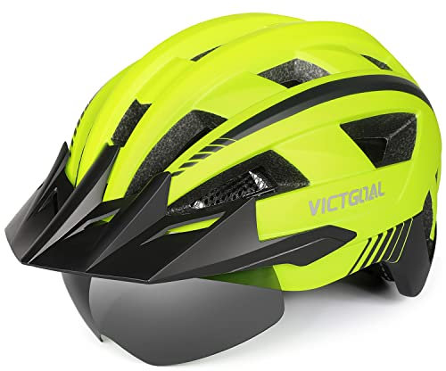 VICTGOAL Fahrradhelm MTB Mountainbike Helm mit magnetischem Visier Abnehmbarer Sonnenschutzkappe und LED Rücklicht Radhelm Rennradhelm für Erwachsenen Herren Damen (M: 54-58cm, Yellow)