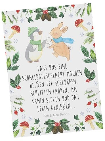 Mr. & Mrs. Panda Postkarte Pinguin Hase Schneeballschlacht - Geschenk, Ansichtskarten, Ansichtskarte, Postkarten, Weihnachten, Fotokarte, Grußkarte