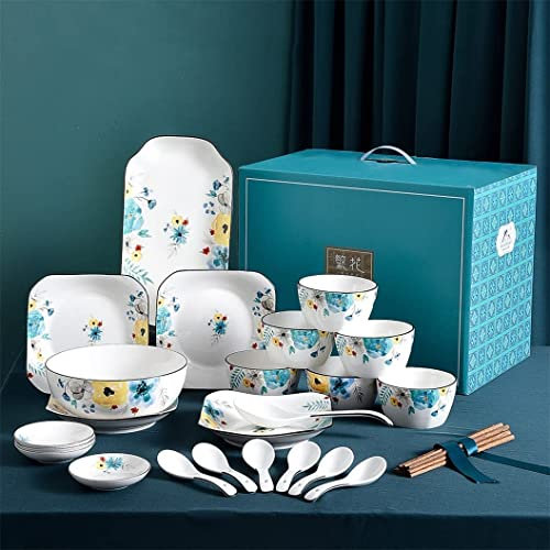 BEZAX Set di stoviglie da 29 Pezzi per 6, Piatti Cinesi, Ciotole, Piatti da Sushi, Bacchette e cucchiai, Set di stoviglie in Porcellana Bianca Dipinta