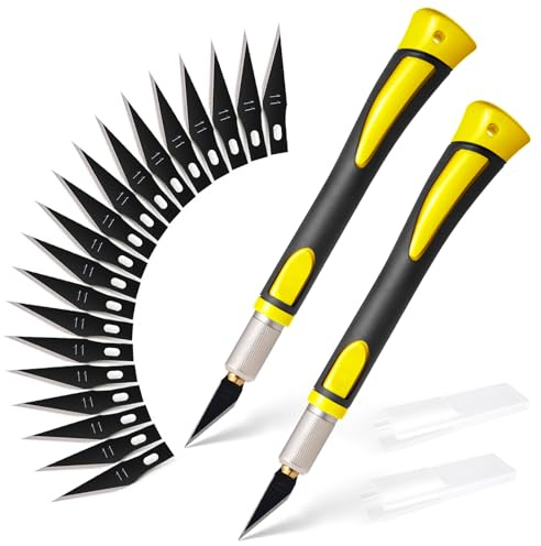 FOSHIO 2 Stück Skalpell Messer Set Bastelmesser Skalpell Set Skalpell Basteln mit 20 pcs Ersatzklingen und Schutzkappe, Cuttermesser Profi,Cutter klingen für Folien, Papier, Gelb
