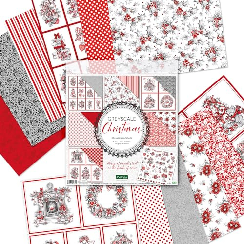 Katy Sue Graustufen-Weihnachtspapier, 20,3 x 20,3 cm, 24 Blatt doppelseitiges Papier, 190 g/m², mit Weihnachtsbildern in Graustufen und Rot, für Karten und Scrapbooking