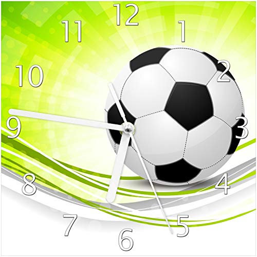 Wallario Design-Wanduhr Fußball - grün weiße Wellen Muster aus Glas, Motiv-Uhr Größe 20 x 20 cm, weiße Zeiger