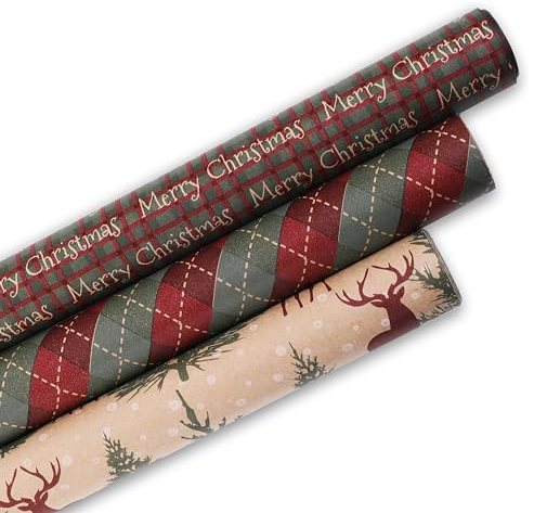 KC SHOP GERMANY, GESCHENKPAPIER 2.0 3x ROLLE KRAFT MEGA GRÖßE 70x305cm, 60g/qm, Weihnachten, Heiligabend, xmas, christmas, modern, schick, hübsch, hochwertig rot grün beige