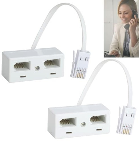 2pcs Telephone Splitter - Double Socket Adaptor, Separator - Male Plug to Double Female, White