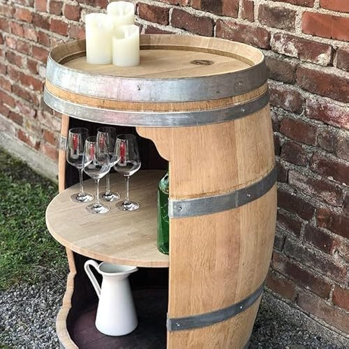Fass-Schmiede Weinfass Bar mit großer Öffnung Einlegeboden und Verzierungen Bartisch Minibar (Natur)