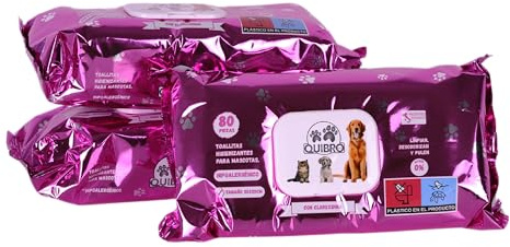 Quibropets Pack 3 Toallitas Húmedas 80 Und. con Clorhexidina para la Higiene de Perros y Gatos - Limpieza Profunda y Efectiva en un Solo Paso - Limpiador de Patas para Mascotas - 240 Und