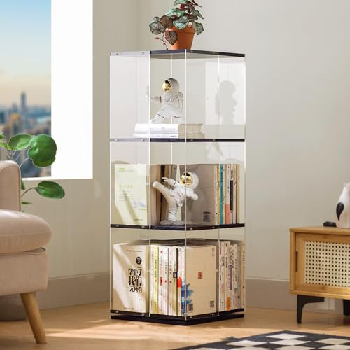 Vinbcorw Drehbares Bücherregal, 3/4/5-stufiges Acryl-Bücherregal, drehbar, modern, multifunktional, für Büro, Wohnzimmer, Arbeitszimmer, Schlafzimmer,A,3