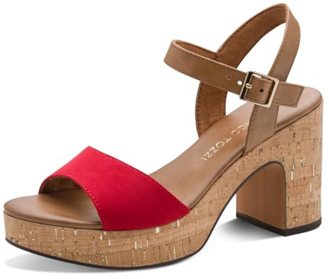 MARCO TOZZI Sandali da donna con tacco plateau cinturino regolabile, Red Comb, 37 EU