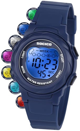 SOCICO Kids Digital Watches for Girls Boys Aged 5-10, Childrens Outdoor Sports Waterproof Watch with Led Light,Alarm Clock, Stopwatch, 12/24H for Kids Great Gifts