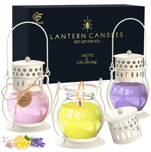 Scented Candles for Home, 3 Pack Retro Lantern Aromatherapy Candles for Lavender/Lemon/Cherry Blossom, Fall Candle Set, Soy Jar Candle Gifts for Women Men