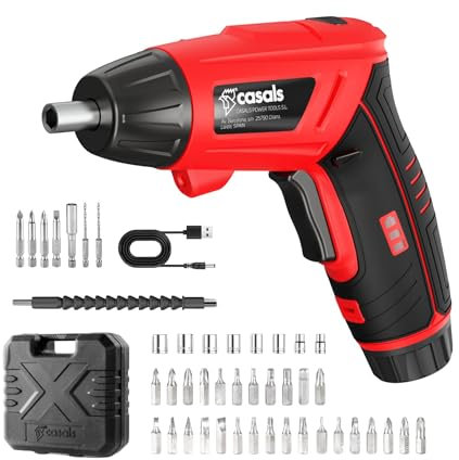 Casals - Atornillador Eléctrico 3.6V |200RPM| 43 Accesorios |2000mAh Batería Larga Duración | Mango Rotatorio | Iluminación Led | 8 Llaves + 34 Puntas + Eje Flexible + Adaptador Hexagonal + Maletín