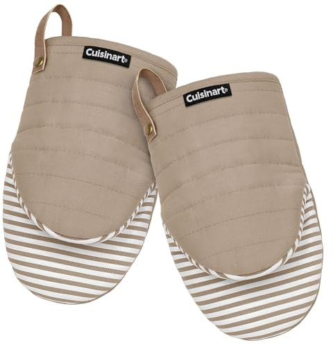 Cuisinart Mini Oven Mitts – 5.5” x 8” Heat-Resistant Kitchen Mitts for Oven with Non-Slip Printed Silicone, Cotton Filling, and Faux Leather Loop – Durable Oven Mitt Set for Cooking & Baking