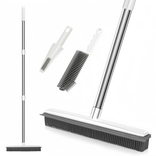 Rubber Broom, 2 in 1 Rubber Broom with Squeegee, Adjustable Long Handle Rubbers Brooms, Floor Scrubing Brush, for Pet Cat Dog Hair Removal Carpet Kitchen Garden Yard Window Cleaning,White