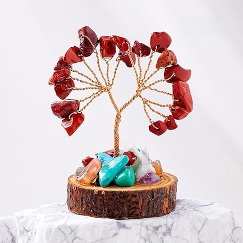 Namzi Árbol de flores de piedra triturada de cristal natural rojo con base de pila de madera, árbol de la fortuna, hecho a mano, árbol de la vida, adorno para manualidades en el hogar, 1 pieza