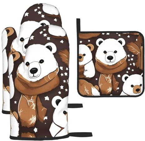 Set di 3 guanti da forno e presine con orso bianco e orso marrone, regalo per la famiglia per la cucina, resistenti al calore, set da 3